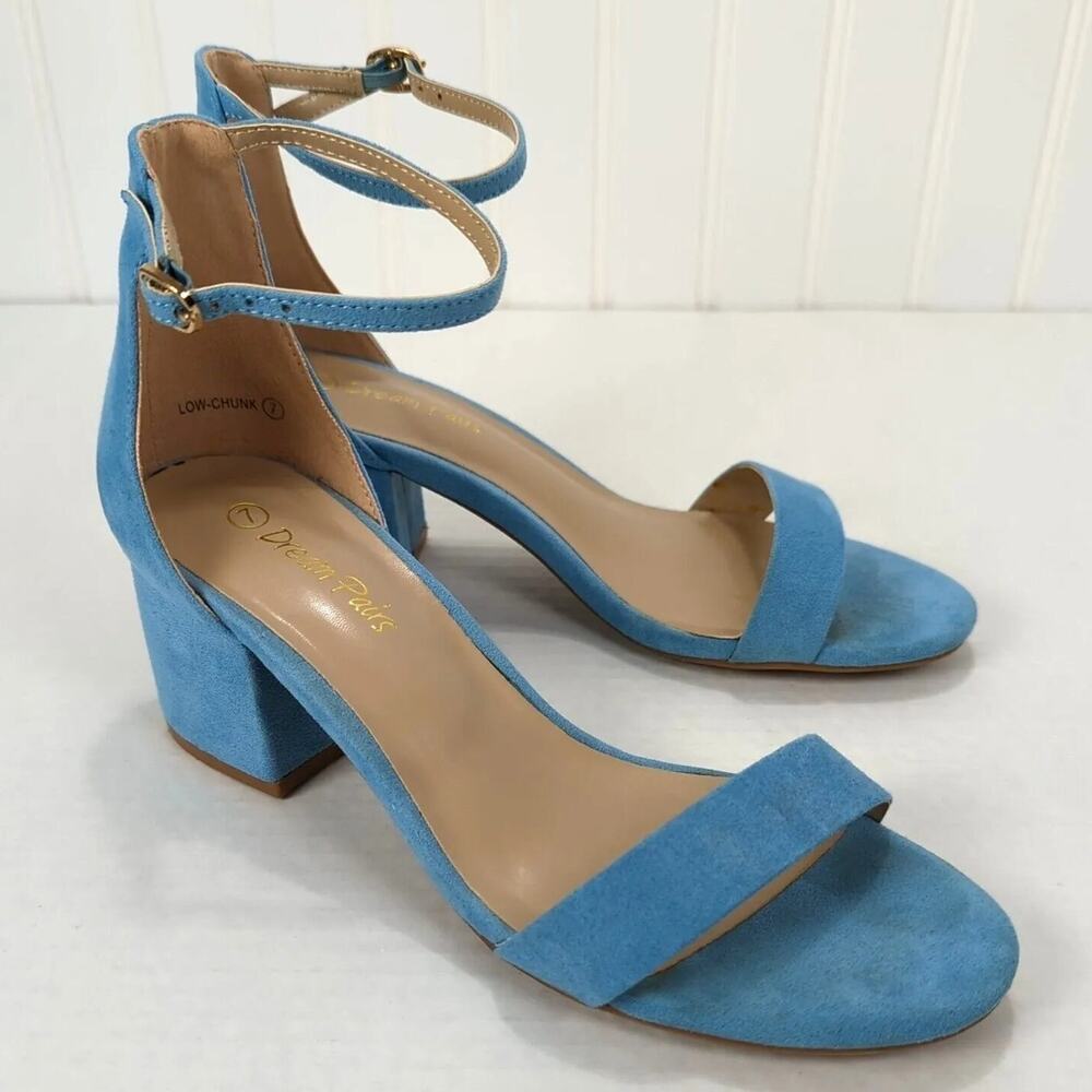 Dream Pairs Strappy Block Heel Sandals Womens 7 Blue Ankle Strap Buckle Open Toe